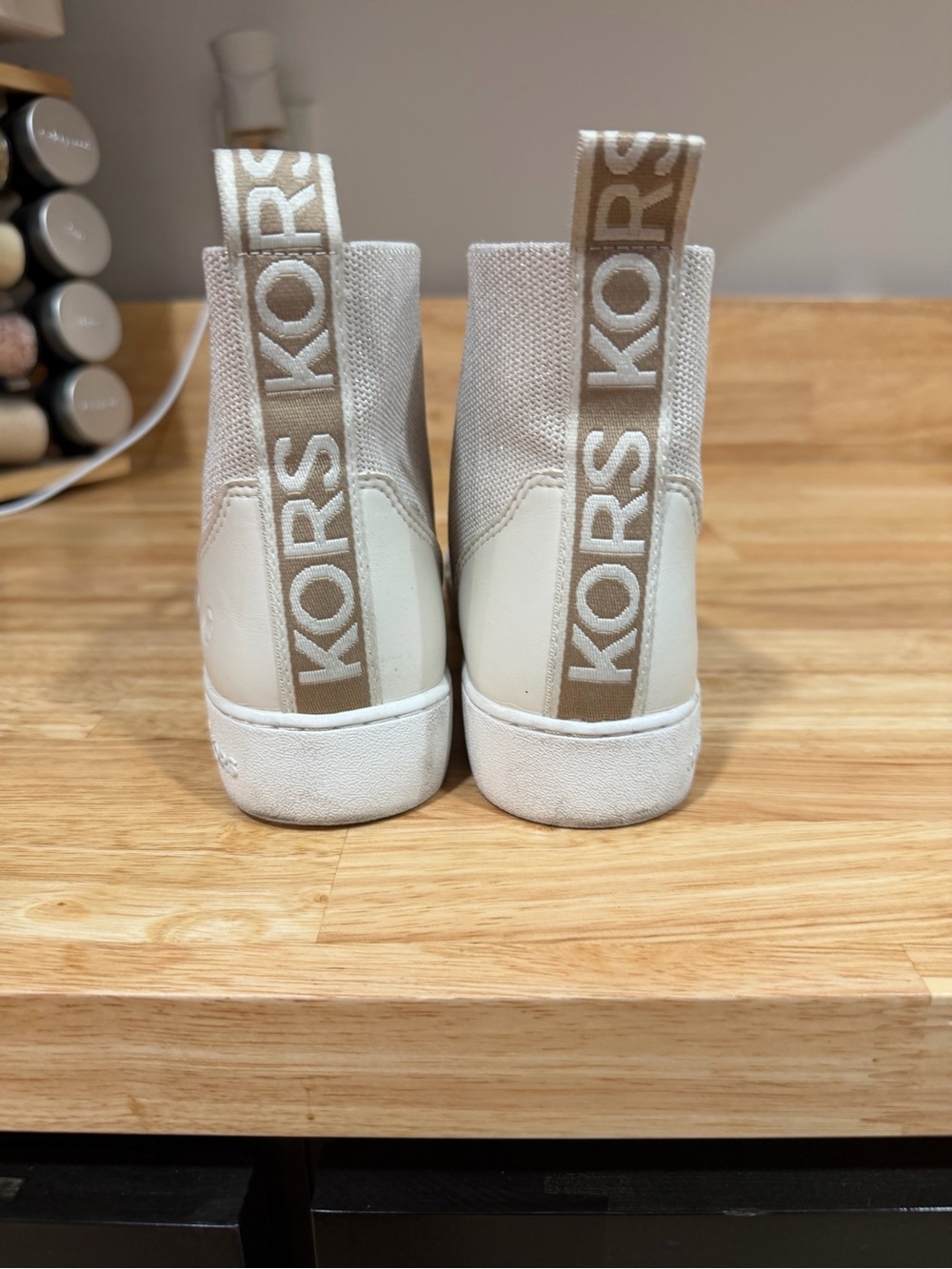 Michael Kors White and Beige Logo Pull-Tab High-Top Sneakers